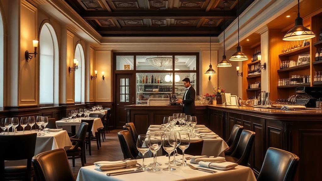 Intérieur de restaurant genevois avec bar et tables dressées