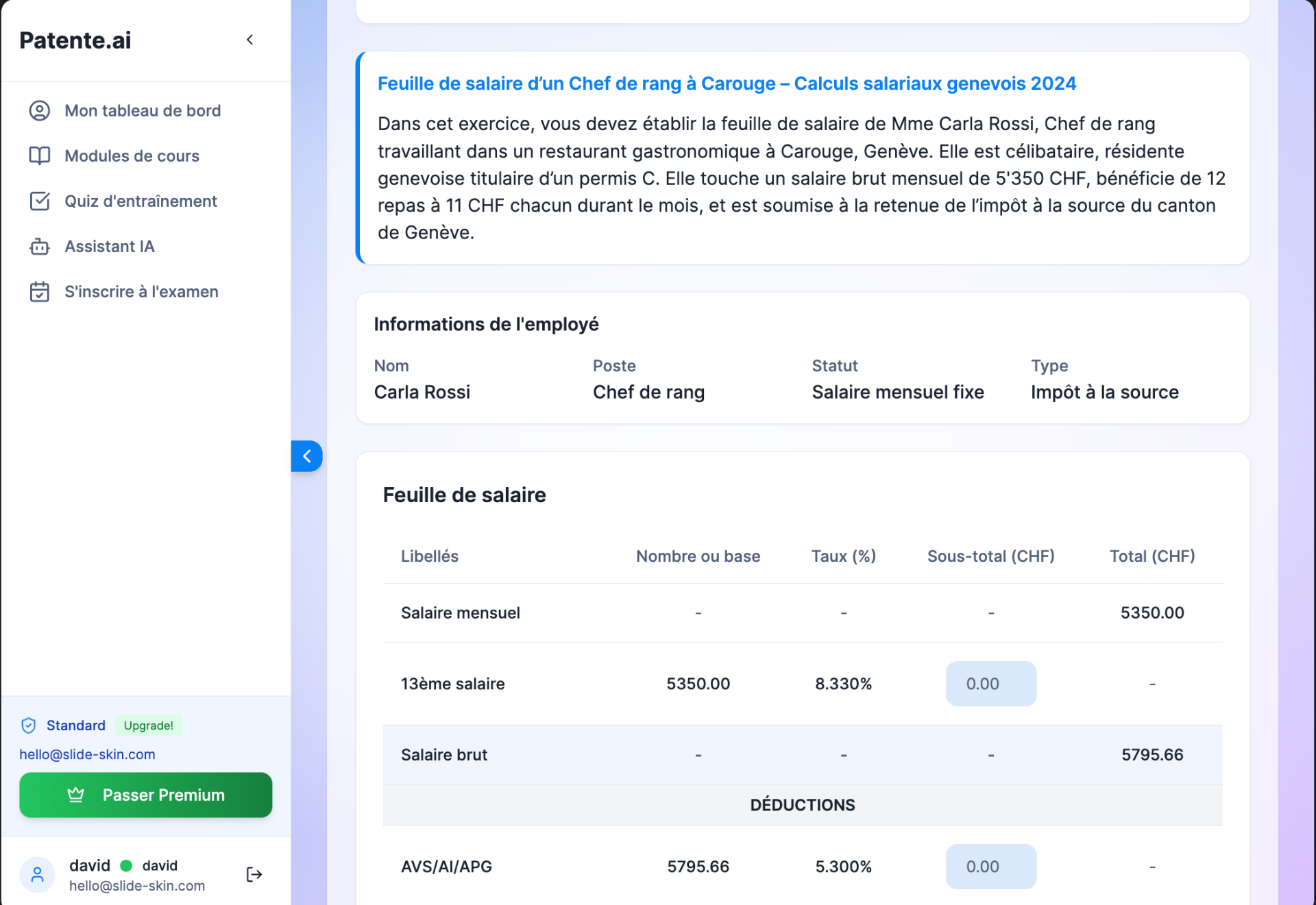 Exercice pratique de calcul de feuille de salaire selon la CCNT hôtellerie-restauration suisse