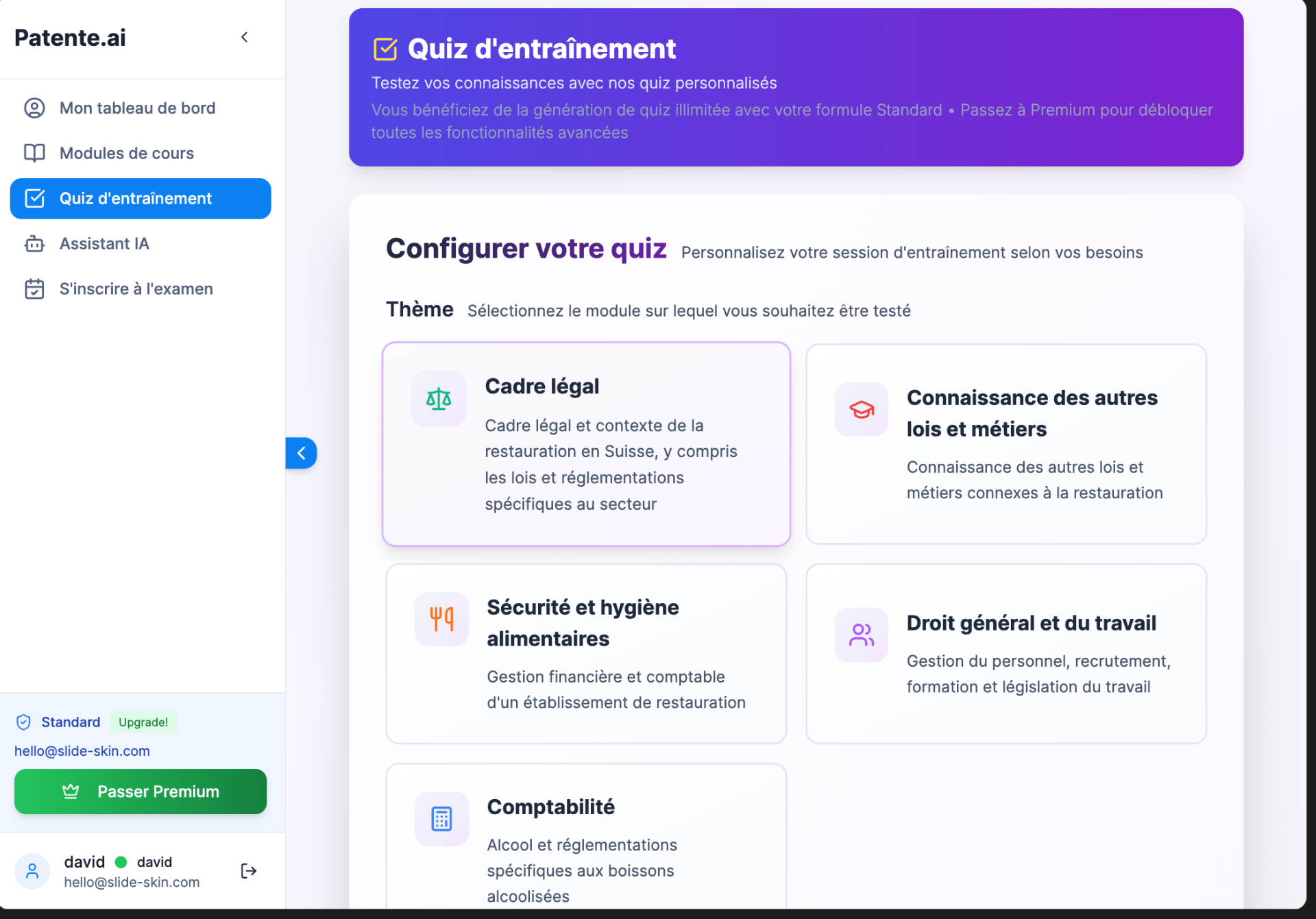 Quiz interactif de préparation à l'examen de patente genevoise
