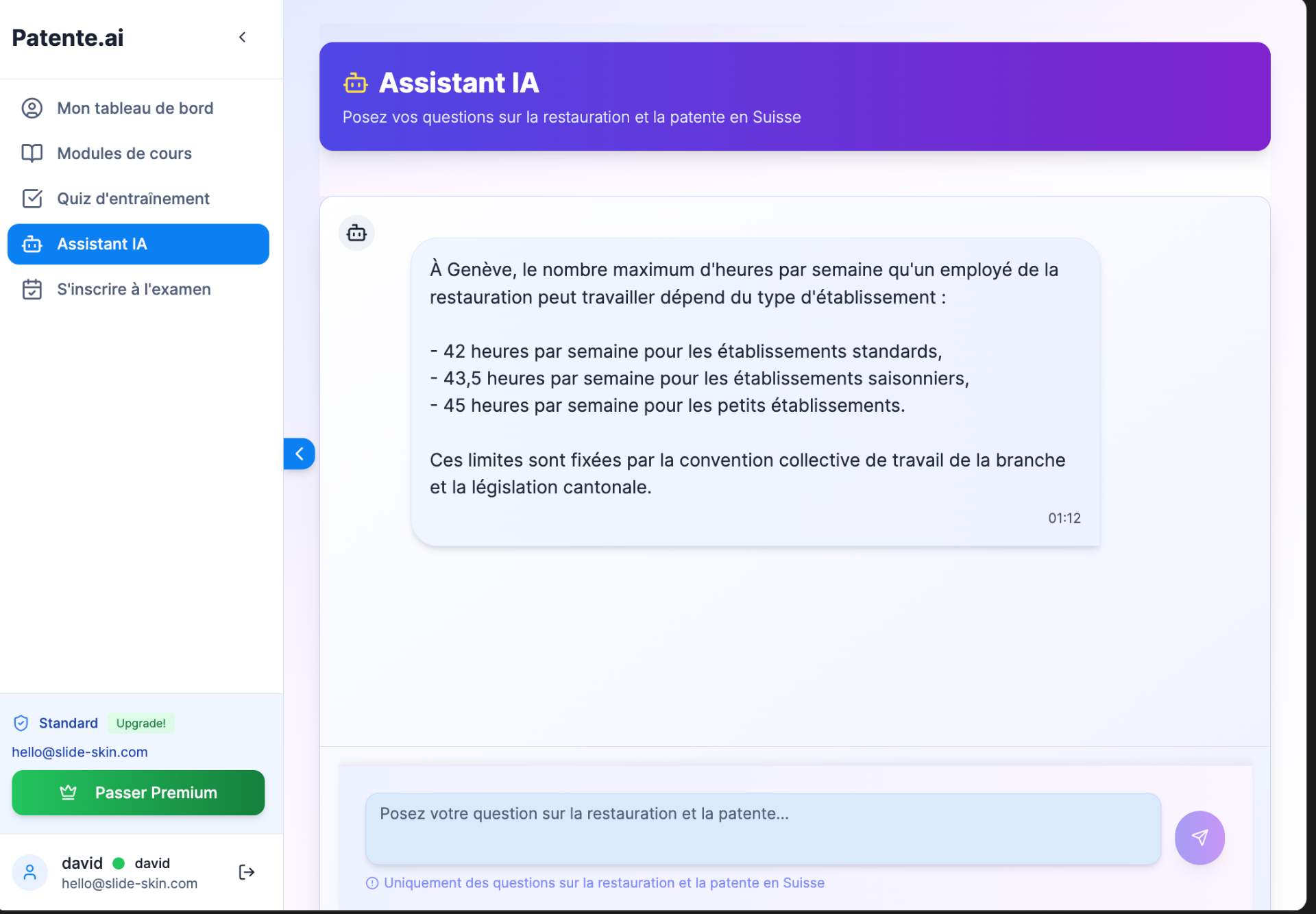 Assistant IA GastroKnow répondant à une question sur la législation des restaurants à Genève
