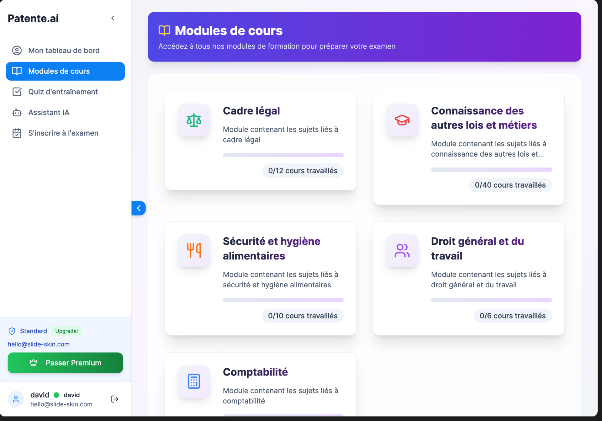 Interface des modules de formation patente Genève - Cours sur la LADB, hygiène HACCP et comptabilité
