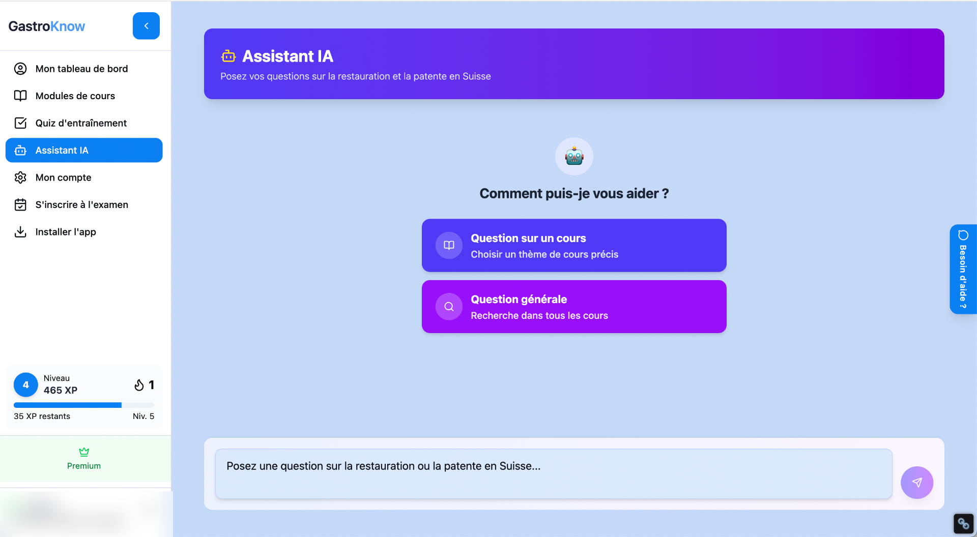 Écran d'accueil de l'Assistant virtuel GastroKnow : choix entre une question sur un cours précis ou une question générale