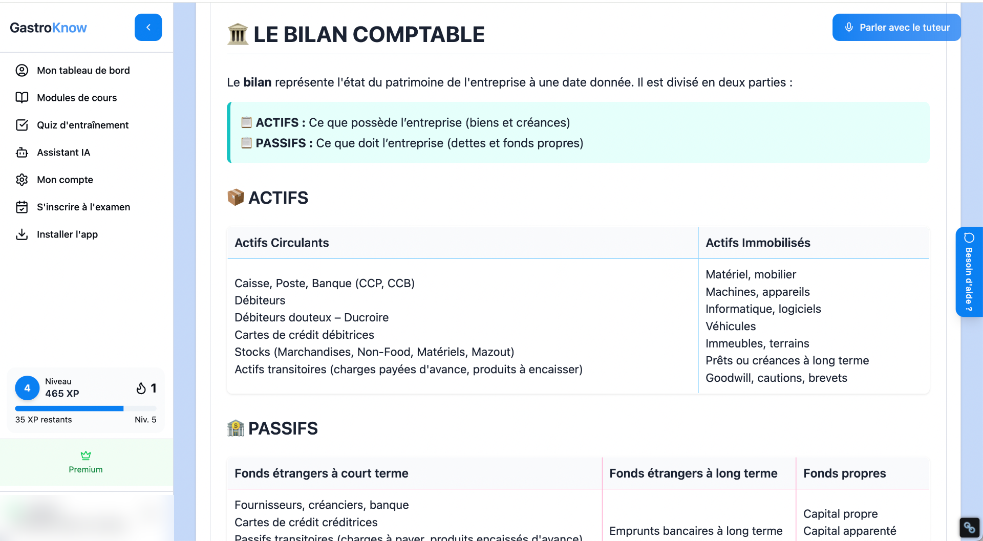 Capture d'écran : cours sur le bilan comptable (actifs / passifs) dans la formation patente Genève GastroKnow