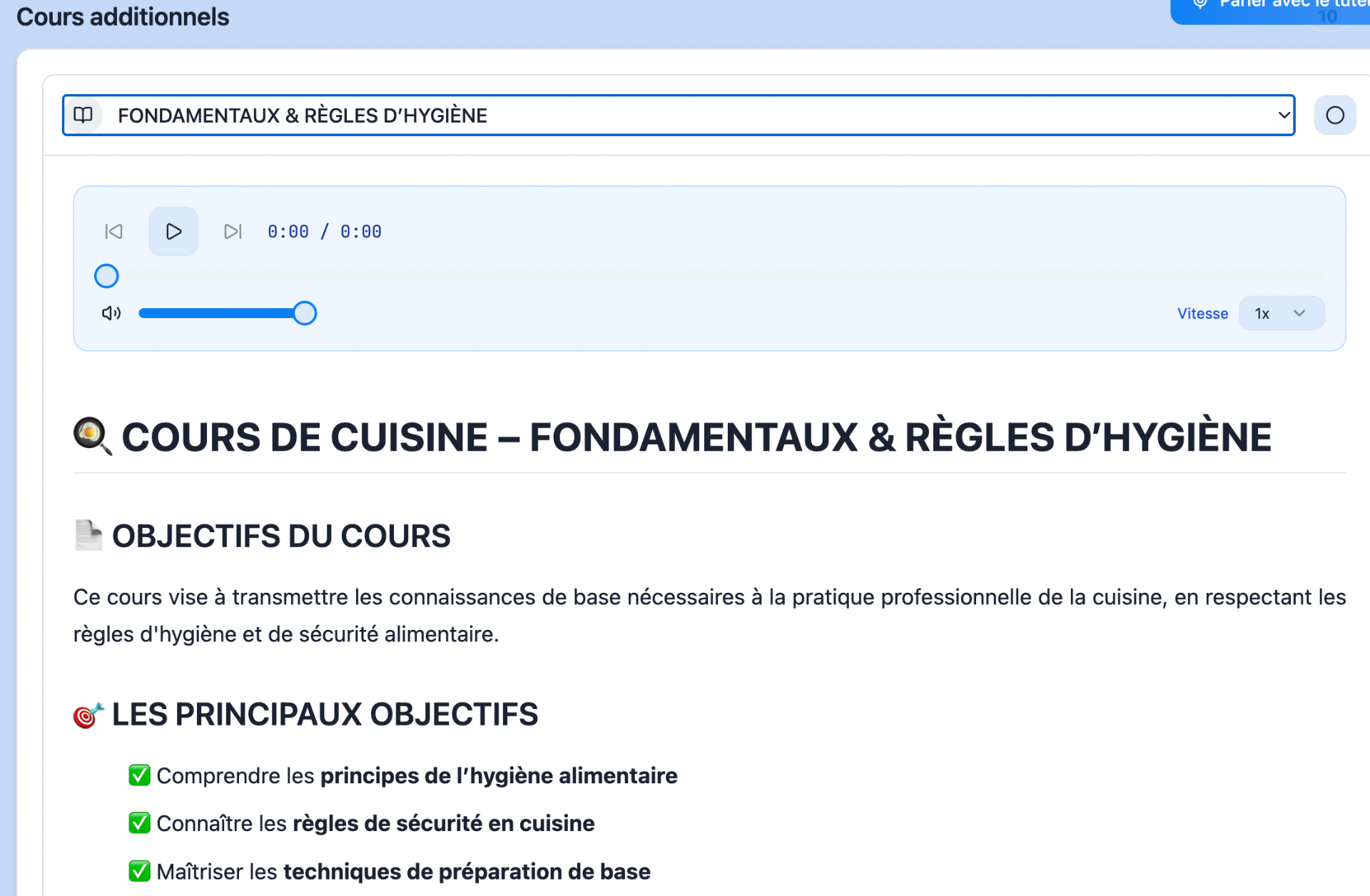 Capture d'écran : lecteur audio GastroKnow lisant le cours « Fondamentaux & règles d'hygiène » avec contrôles de lecture, vitesse et volume