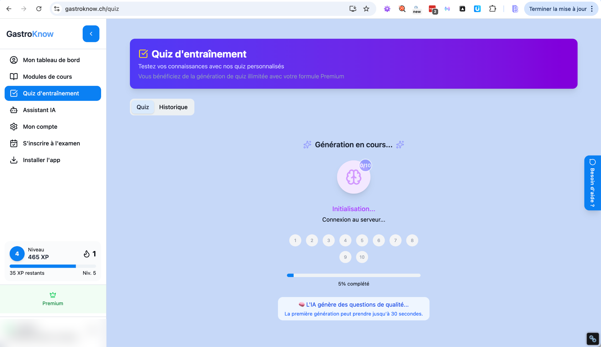 Génération en temps réel d'un quiz personnalisé par IA dans GastroKnow pour la patente cafetier-restaurateur
