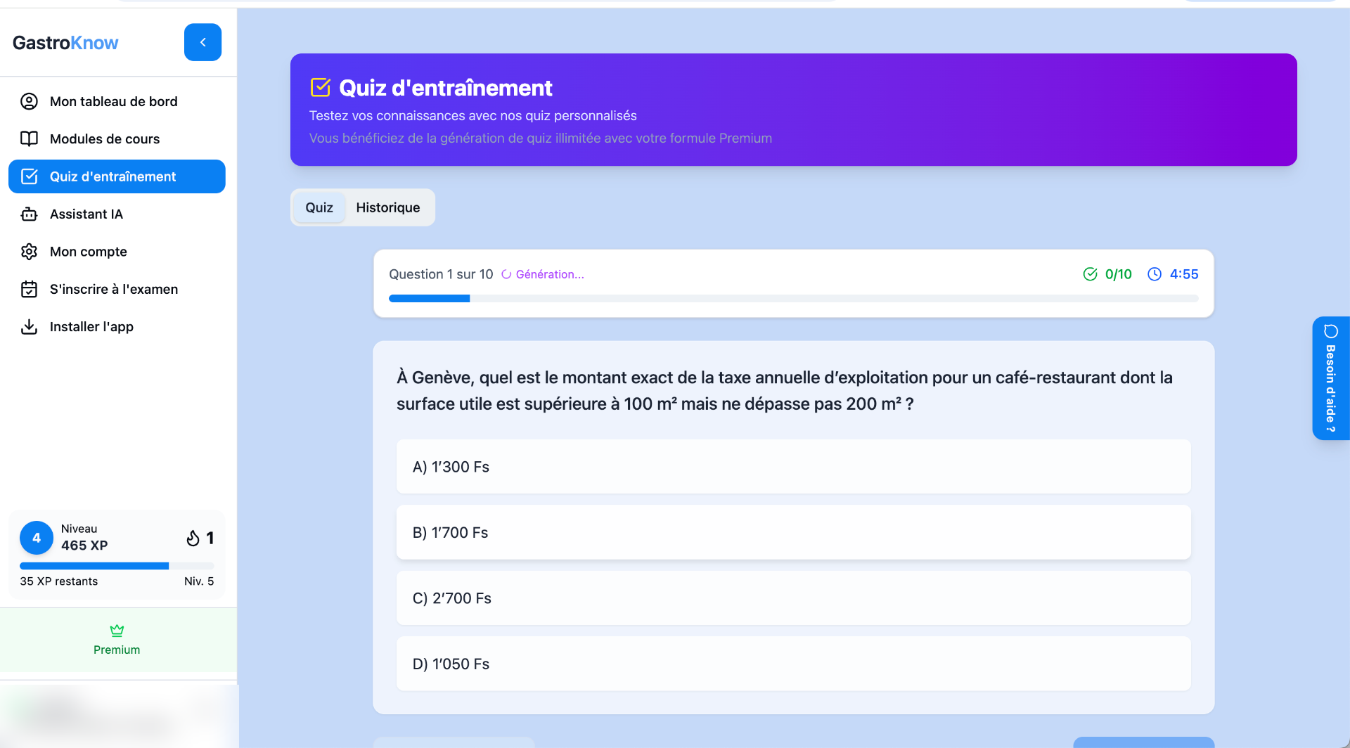 Capture d'écran : question de quiz réelle sur la taxe annuelle d'exploitation d'un café-restaurant à Genève